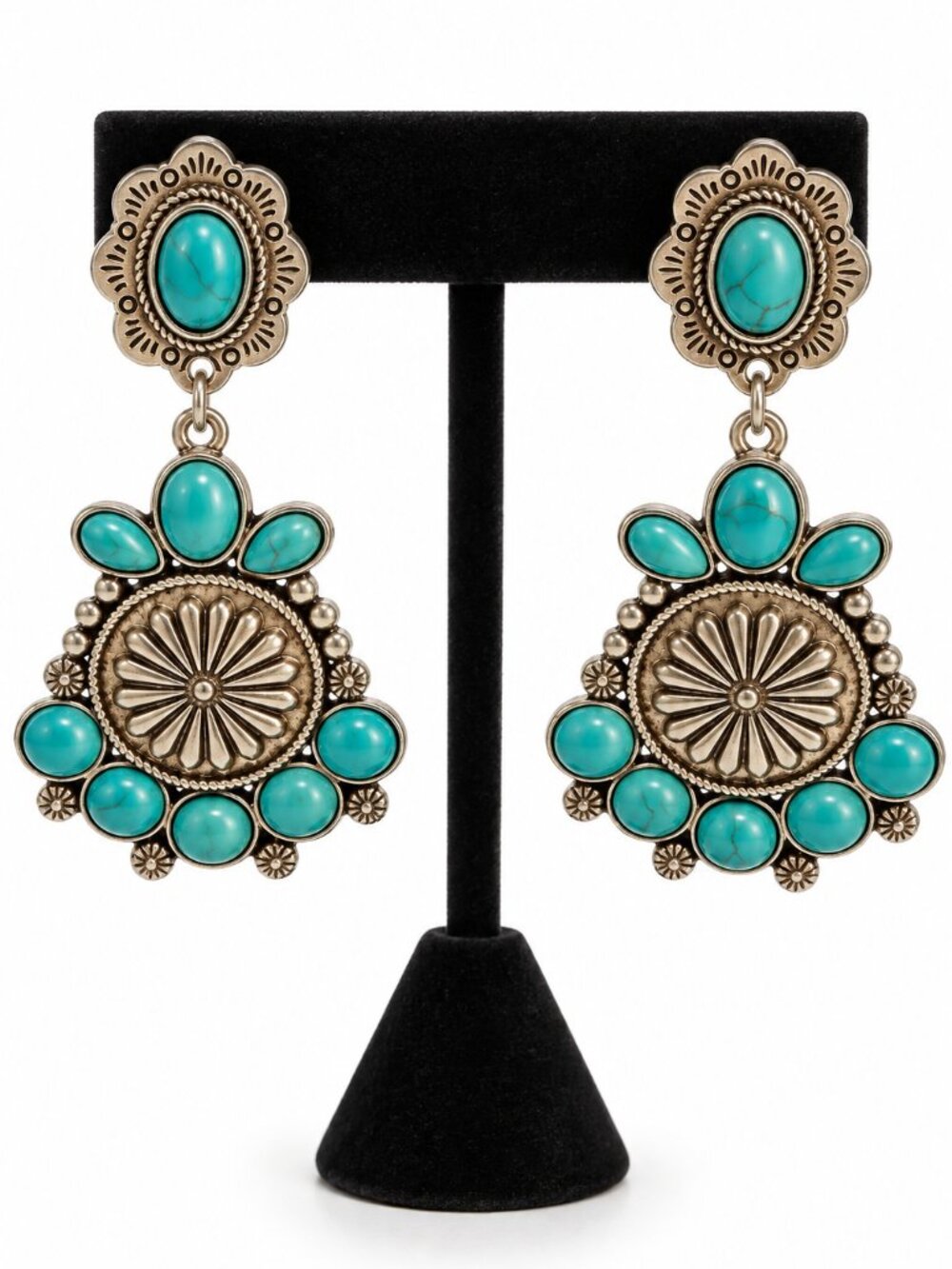 Southwestern Turquoise Concho Statement Drop Earrings Silver Tone
